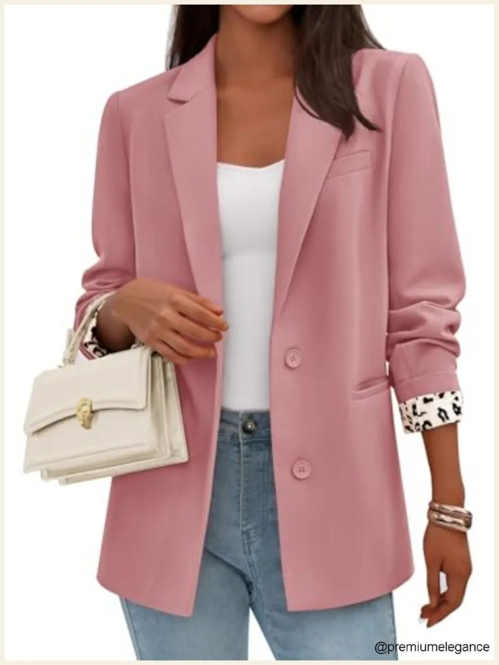 Open Front Leopard Lining Blazer Suit Jacket Women Notch Lapel Long Sleeve